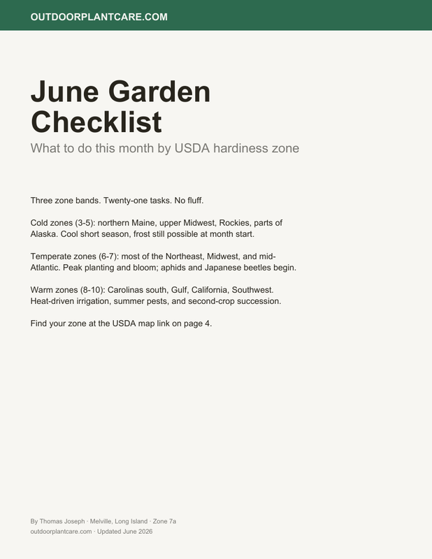 Preview of the June garden checklist PDF showing the cover page with zone band layout