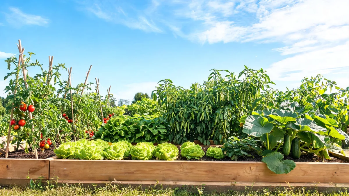 Tidy beginner raised-bed vegetable garden with tomatoes on stakes, lettuce, bush beans, and zucchini with fruit at the base