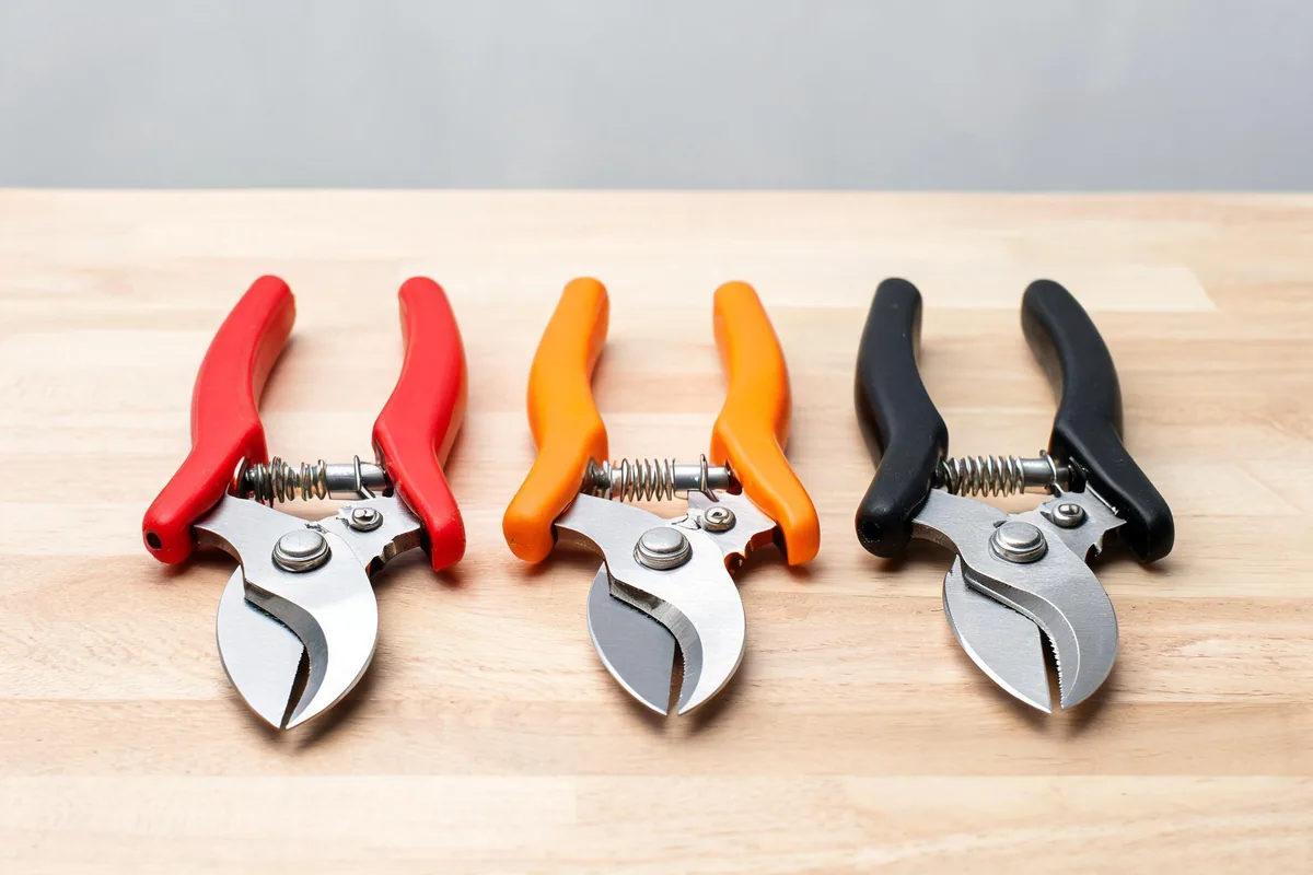 Three bypass pruners arranged on a wood surface: red, orange, and black handles with sharp curved cutting blades