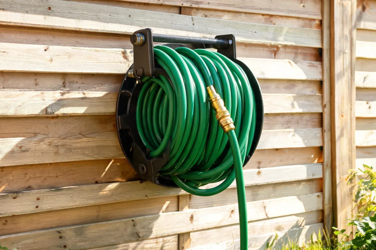 Green rubber garden hose coiled neatly on a wall-mounted reel against a wooden fence with brass fittings visible