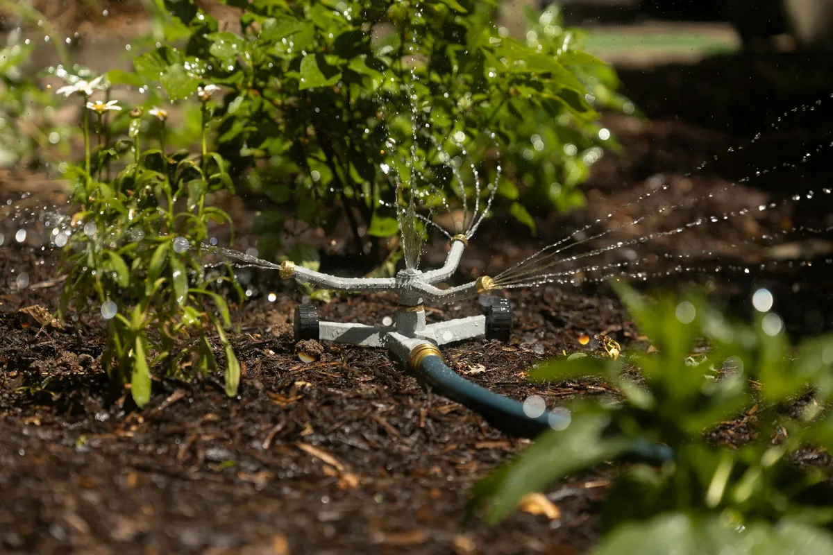 Rotary garden sprinkler watering a planted bed via hose connection