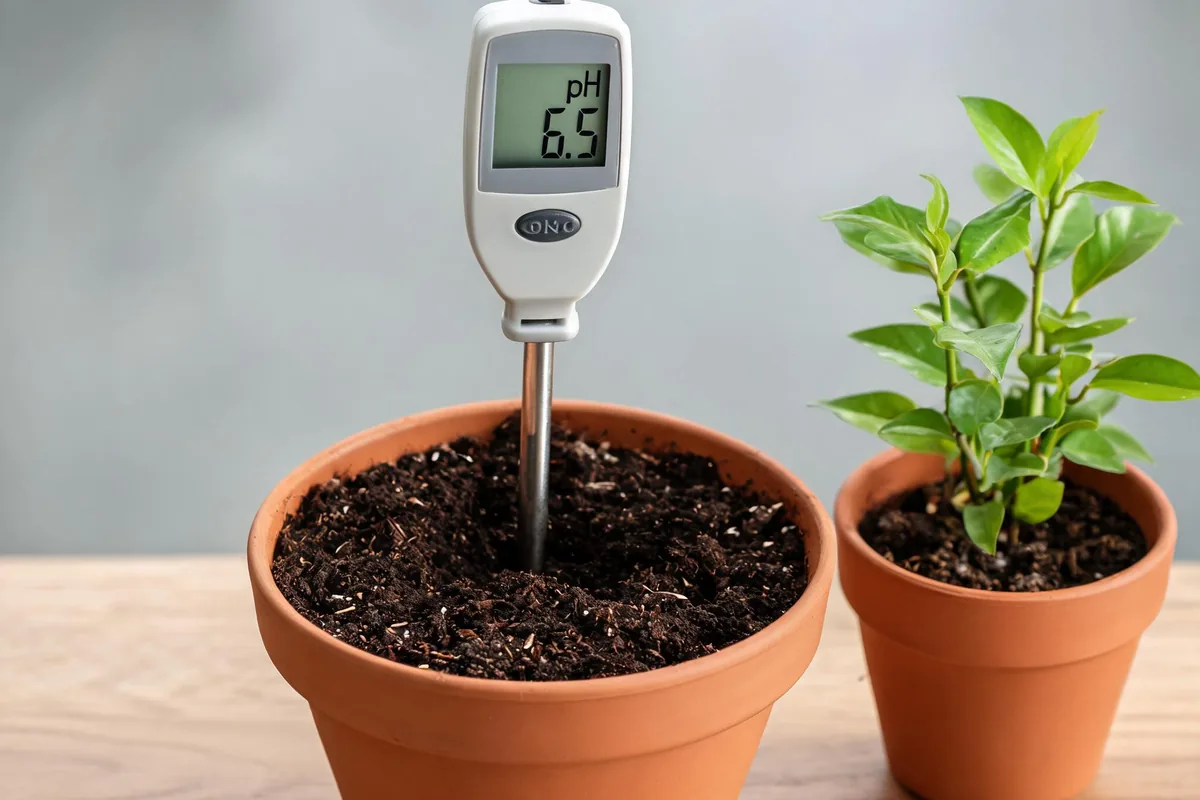 Digital soil pH meter with metal probe inserted into a pot of dark soil showing a clear pH reading on the display