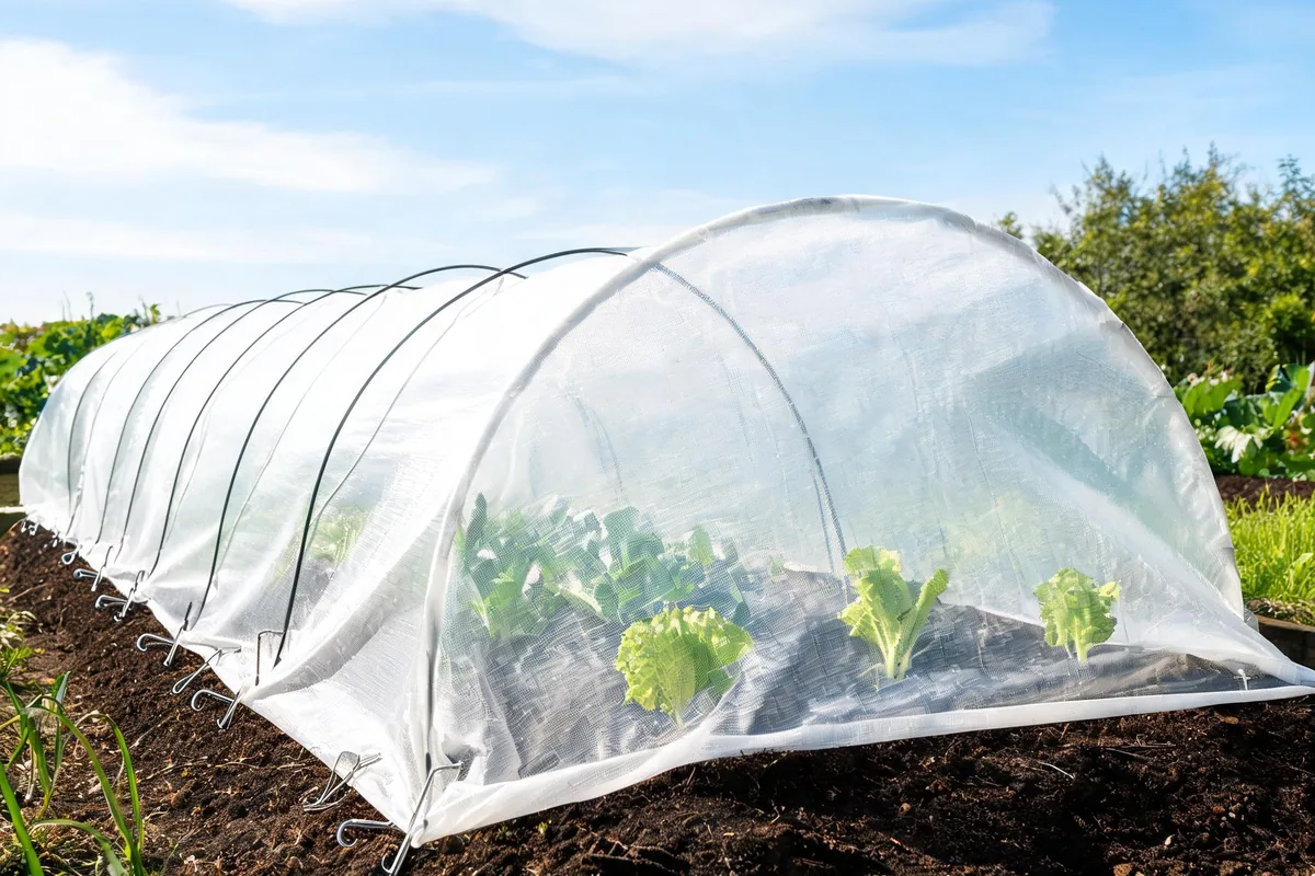 Vegetable garden bed covered with white spun-bonded floating row cover fabric draped over wire hoops with edges staked down