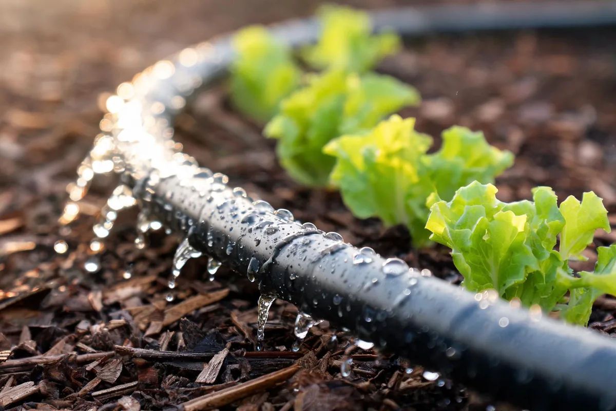 Black soaker hose weeping water along a row of lettuce plants in a mulched garden bed at golden hour