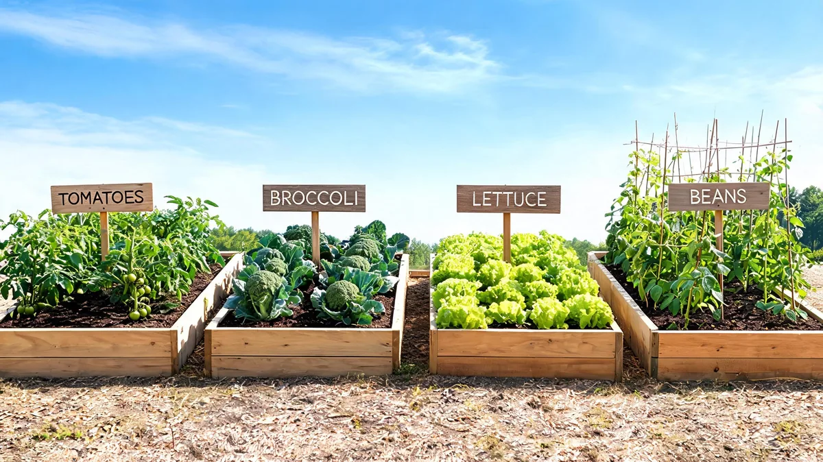 Four labeled vegetable beds showing crop rotation with tomatoes, broccoli, lettuce, and beans in separate raised beds