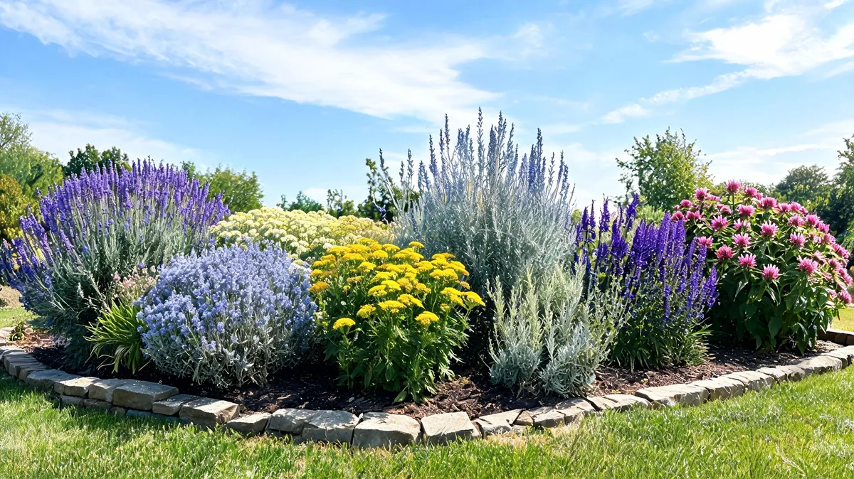 Garden bed planted with deer-resistant perennials: lavender, catmint, yarrow, Russian sage, salvia, and bee balm in massed plantings