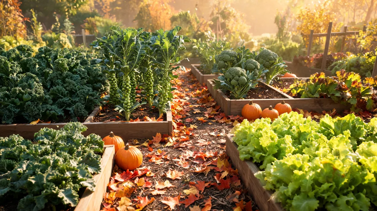 Fall vegetable garden with raised beds of kale, brussels sprouts, broccoli, lettuce, autumn leaves, and pumpkins in golden October light
