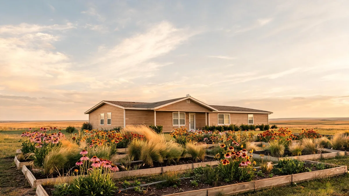 Great Plains residential garden with drought-tolerant prairie natives like coneflower and blanket flower in raised beds