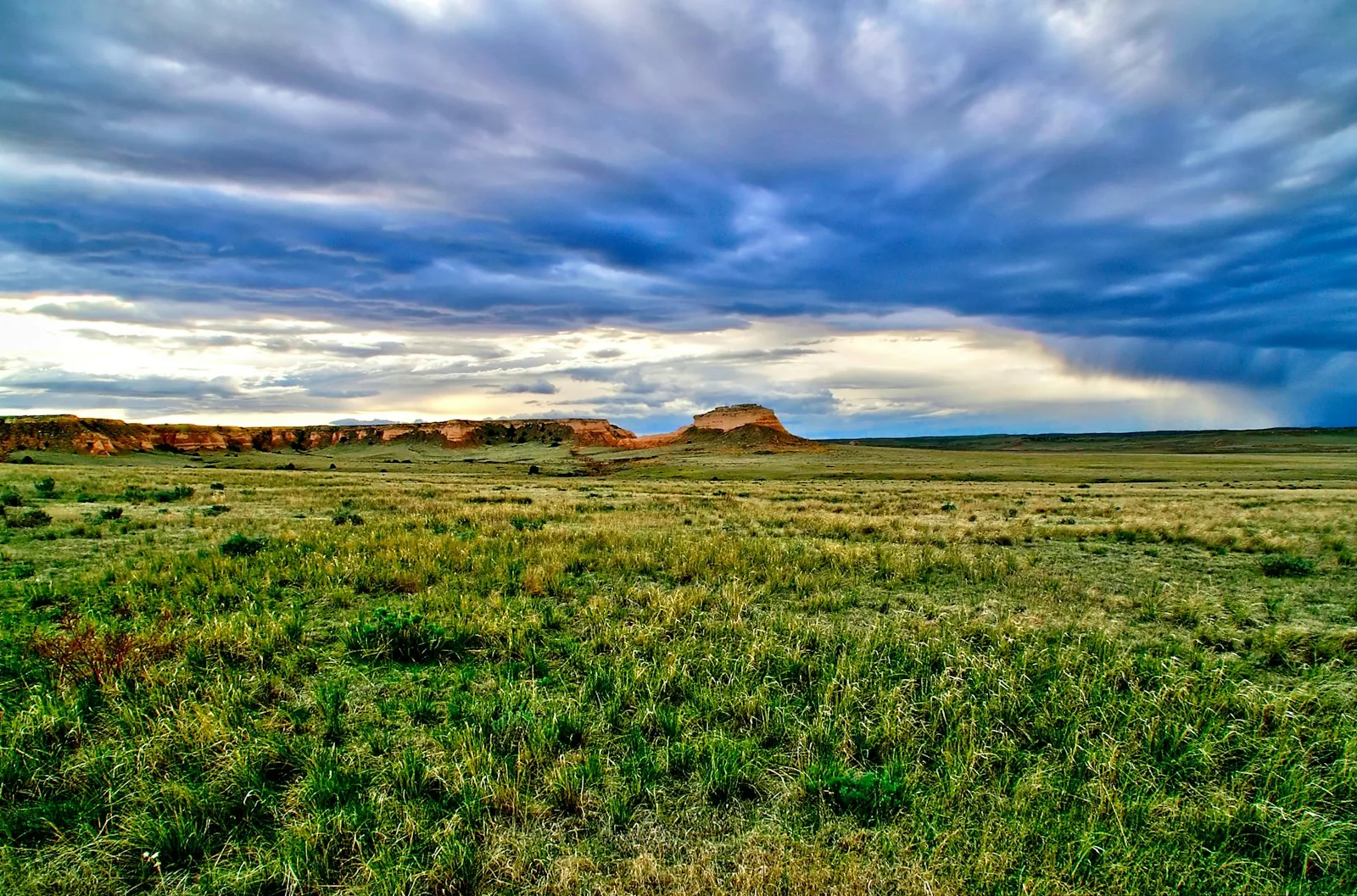 A wide open field with a mountain in the background