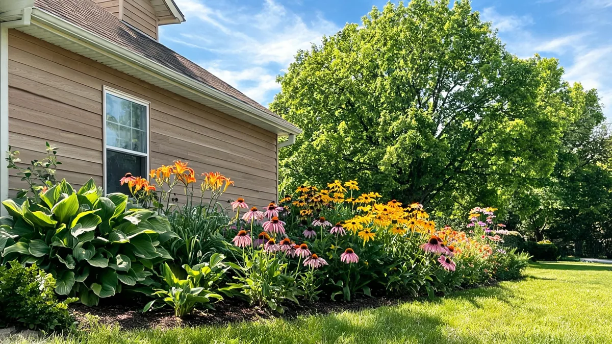 Midwest residential perennial garden with hostas, daylilies, black-eyed Susan, and coneflowers along a wood-sided home