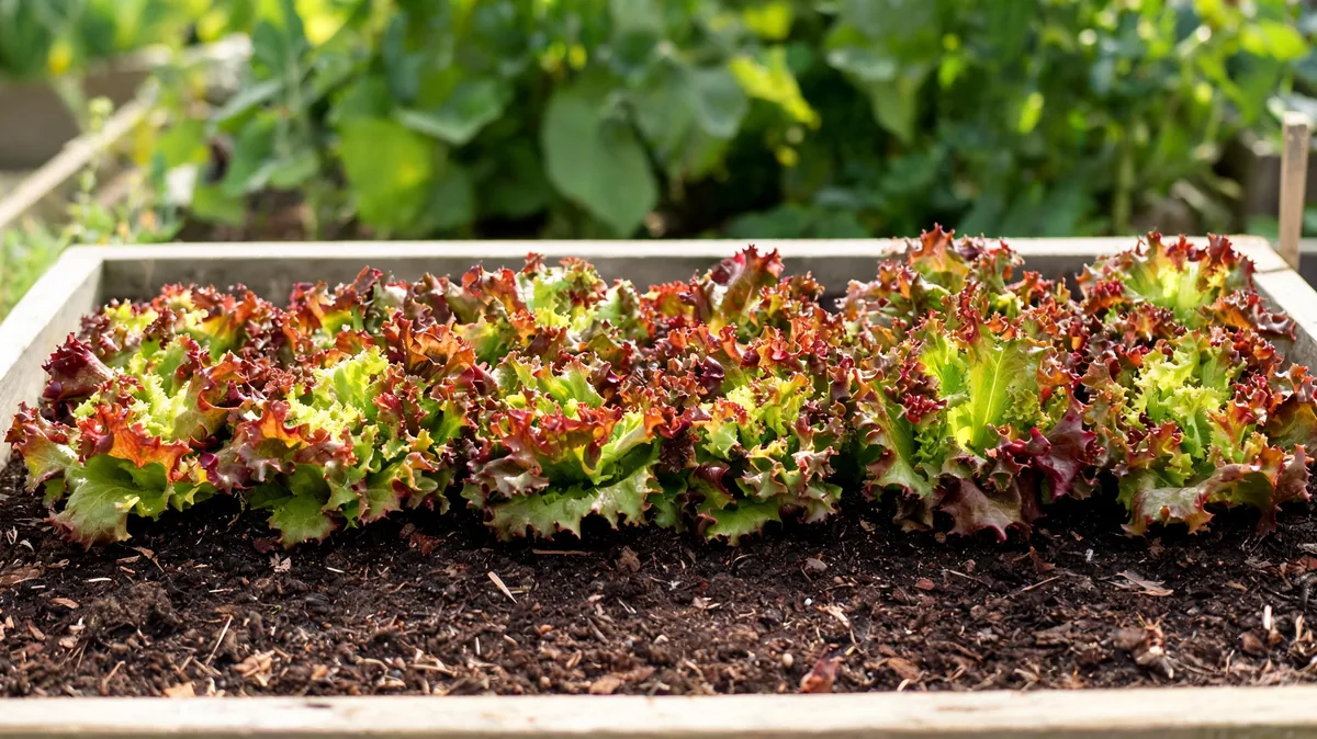 Row of leaf lettuce Lactuca sativa in a garden bed with multiple loose leafy heads of frilly red and green lettuce leaves