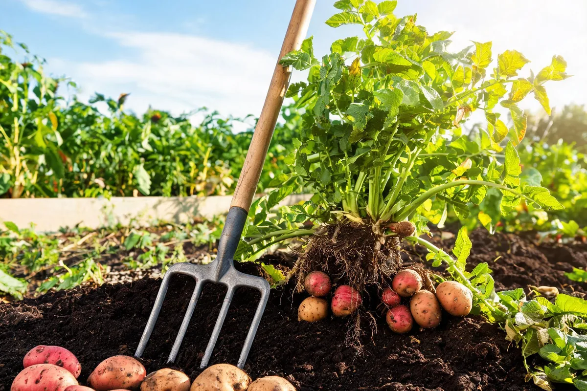 Freshly dug potato harvest with russet and red potatoes in dark soil beside a garden fork and lifted potato plant with foliage