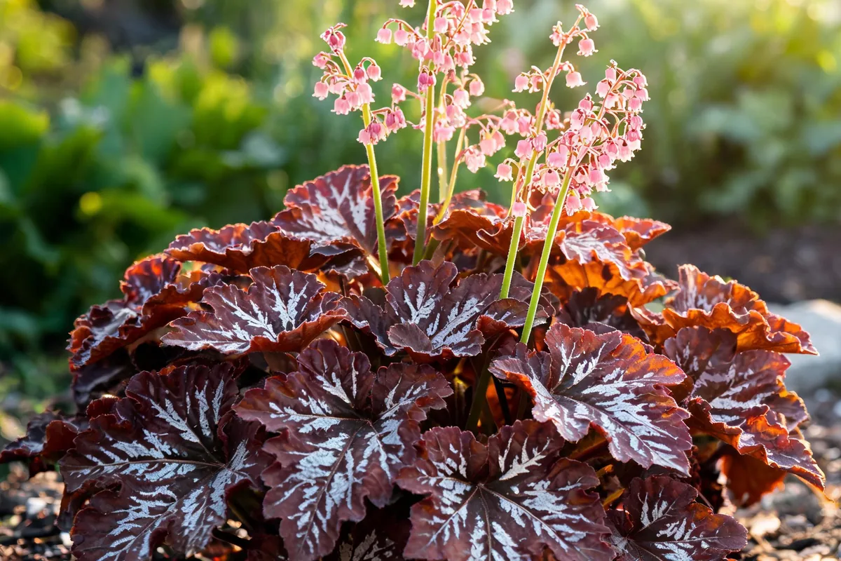 Heuchera coral bells plant with ruffled palmate burgundy and copper leaves silver-veined under tall stems of tiny pink bell flowers