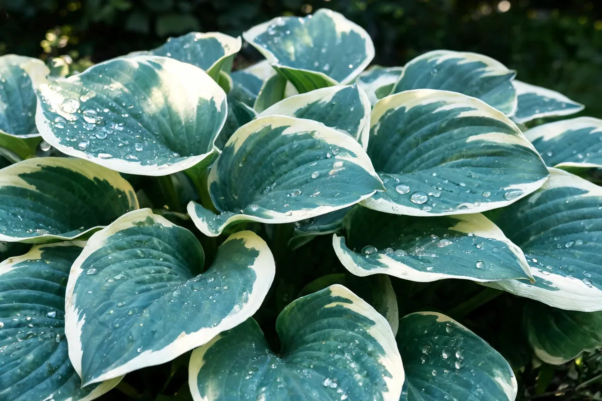Mature blue-green hosta plant with large heart-shaped variegated leaves and dewdrops in a shade garden