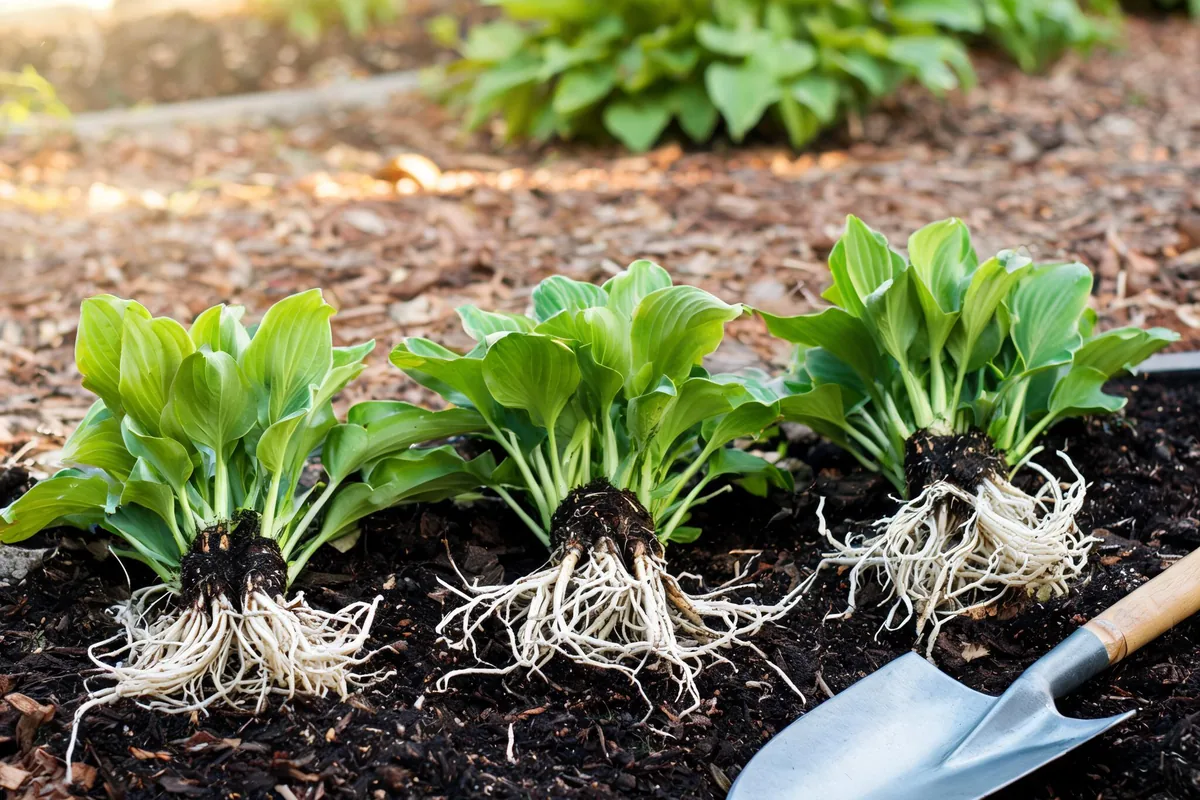 Hosta plants with exposed white roots ready to be divided into sections beside a sharp spade on dark mulch