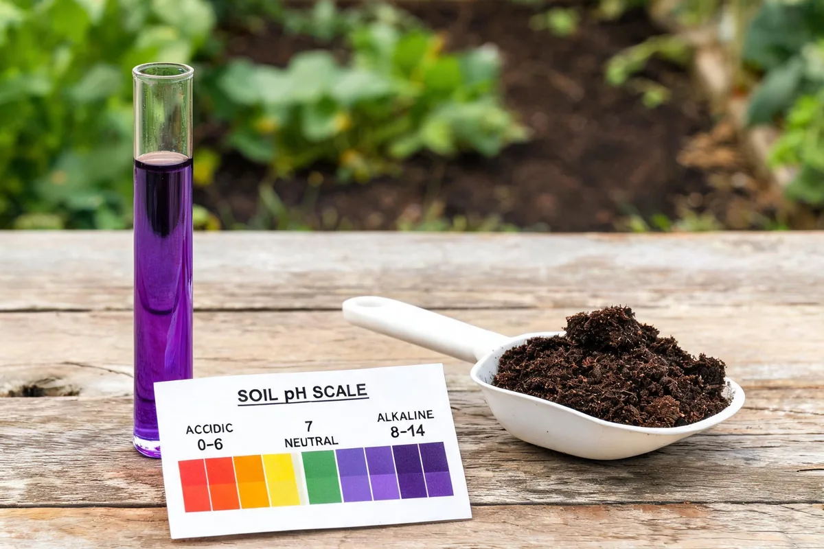 Soil pH test kit on a wooden table outdoors showing a test tube with violet alkaline liquid, color chart card, and scoop of dark garden soil