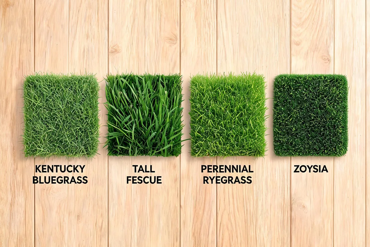 Four side-by-side turfgrass samples labeled Kentucky bluegrass, tall fescue, perennial ryegrass, and zoysia on a wooden board