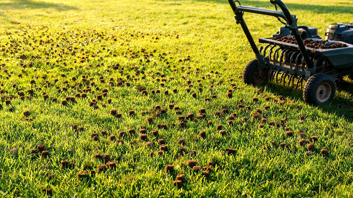 Freshly core-aerated lawn with hundreds of soil plugs on green grass beside a walk-behind core aerator machine