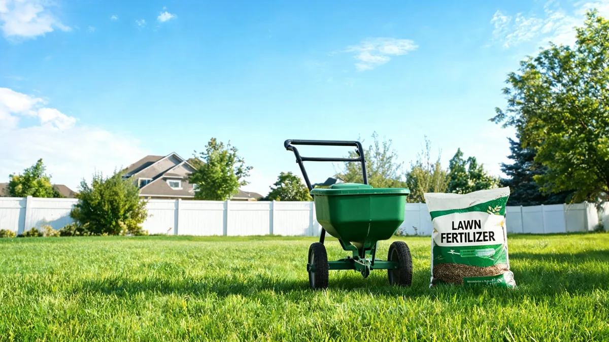 Green broadcast spreader on a healthy green lawn beside a bag of granular lawn fertilizer under a blue sky