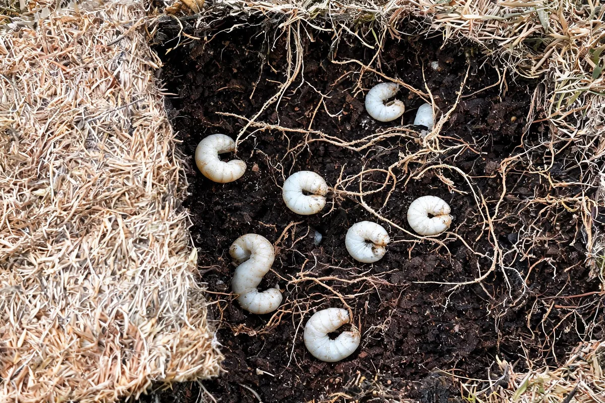 White C-shaped grub larvae in dark soil with grass roots visible after peeling back a square of dead turf