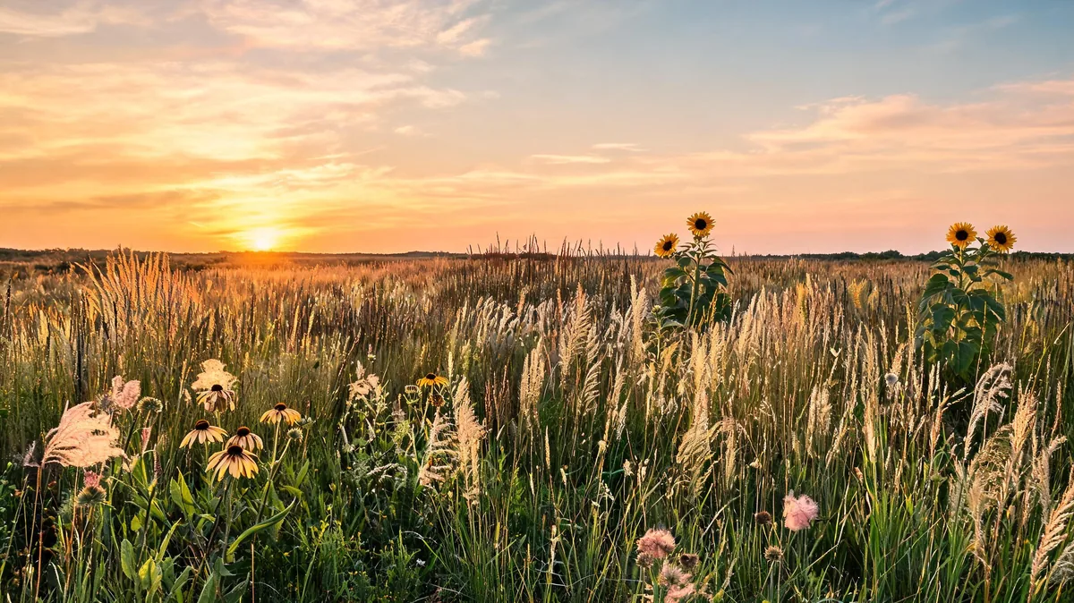 Great Plains tallgrass prairie garden with big bluestem, Indian grass, prairie coneflower, and compass plant at sunset