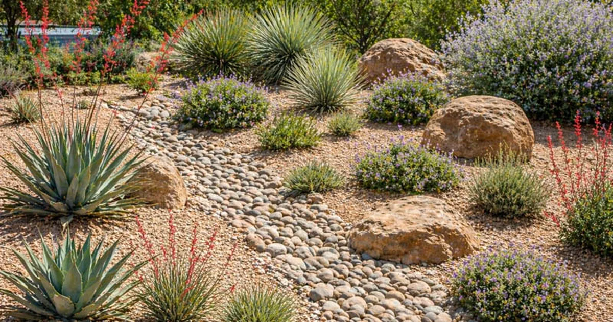 Native desert marigold, penstemon, and prickly pear cactus blooming in an Arizona xeriscape garden