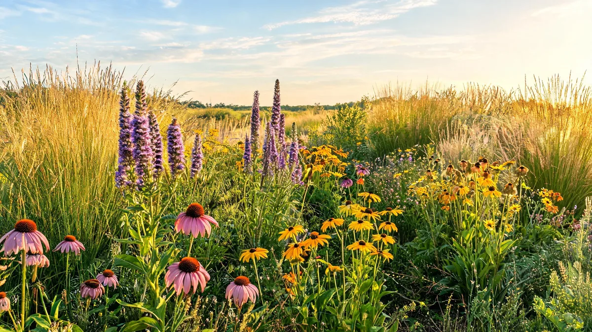 Midwest native prairie garden in summer with purple coneflower, black-eyed Susan, prairie blazing star, and big bluestem grass at golden hour