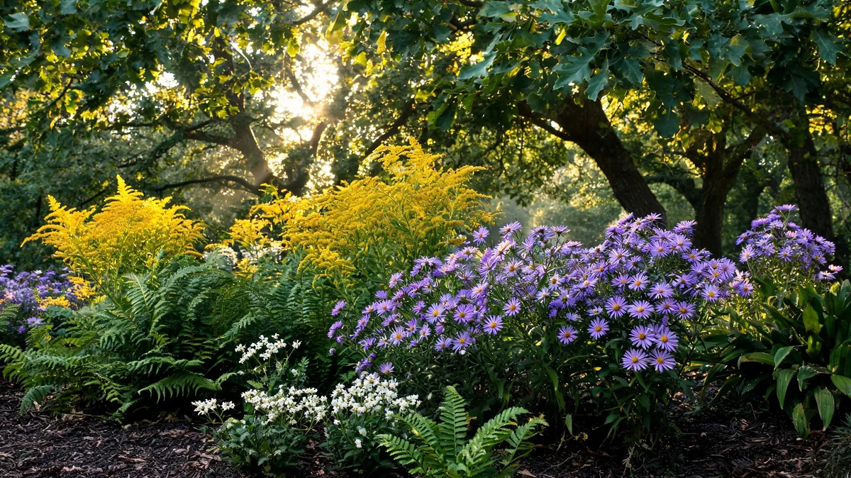 Northeast woodland native garden with New England aster, goldenrod, and Christmas fern under oak canopy