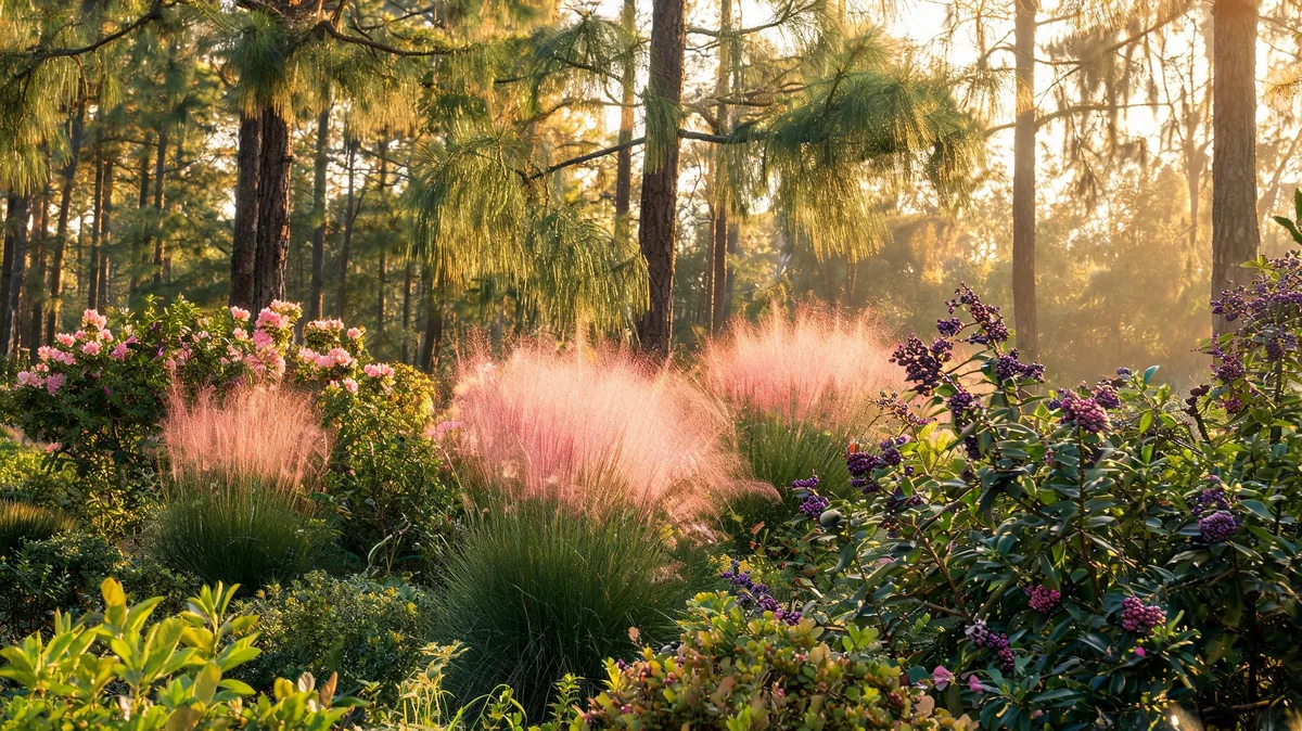 Southeast native garden with longleaf pine, pink muhly grass, native azalea, and beautyberry