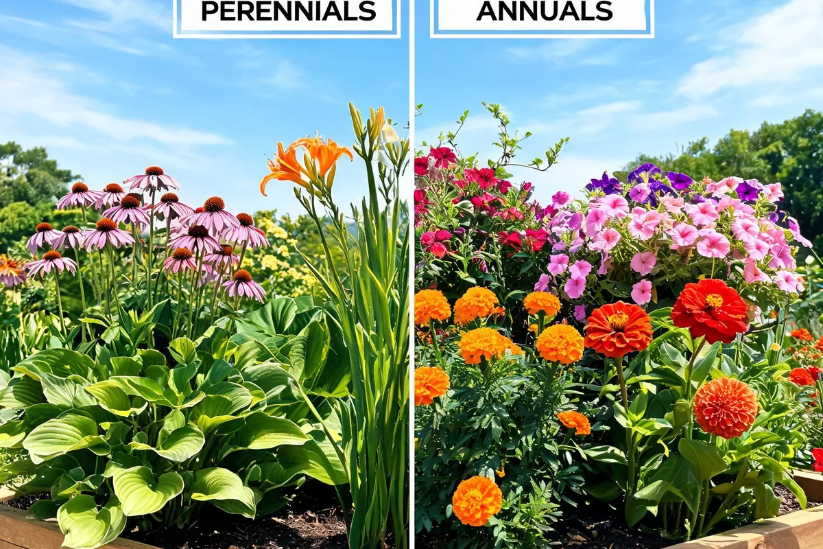 Side-by-side garden bed comparing perennials (coneflowers, hostas, daylilies) with annuals (petunias, marigolds, zinnias)