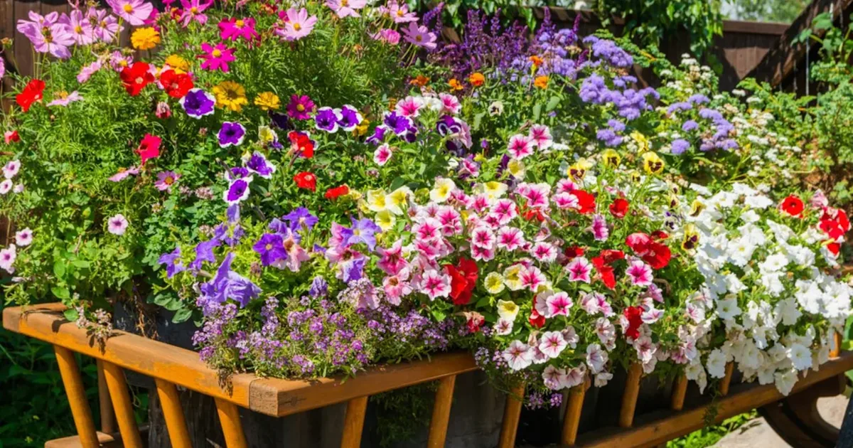 Purple and white petunia flowers spilling from a hanging basket in summer sun