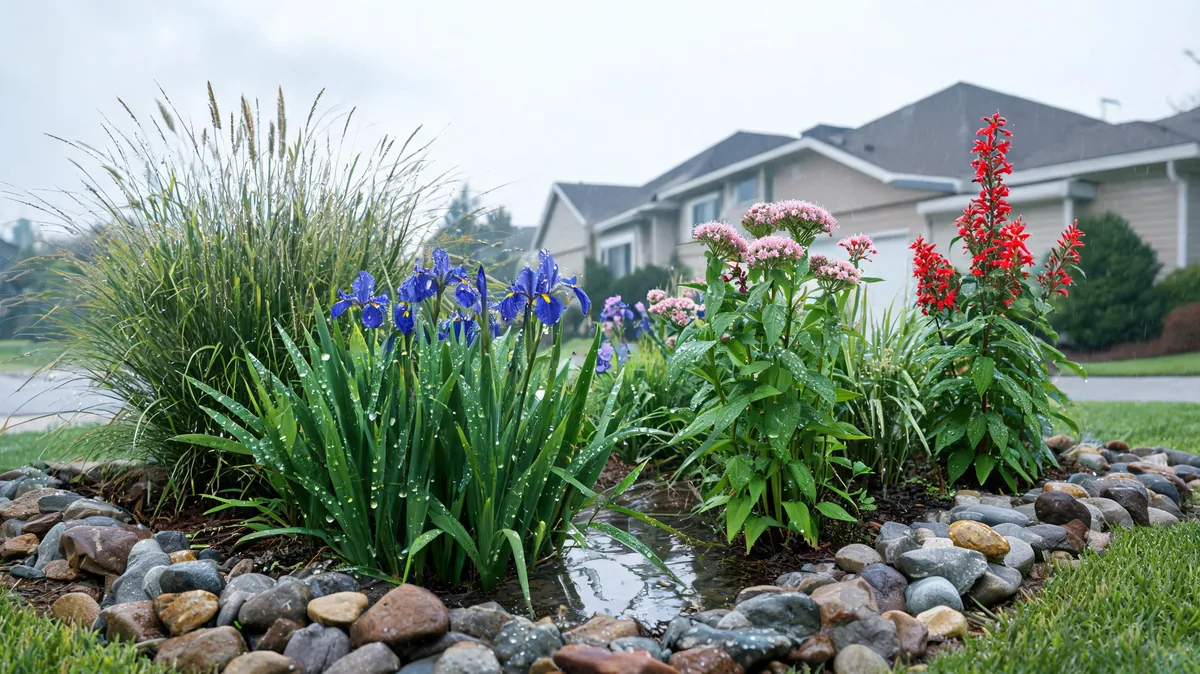 Residential rain garden with blue flag iris, swamp milkweed, cardinal flower, and switchgrass in a stone-edged depression