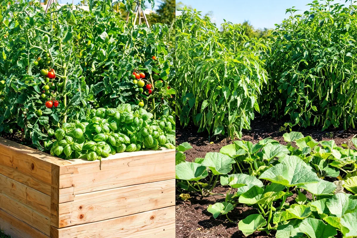 Side-by-side comparison of a raised cedar bed of tomatoes and basil and an in-ground row of beans and squash