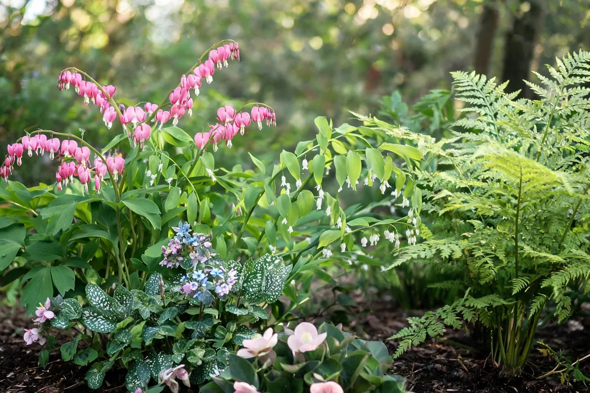 Mature shade perennials including bleeding heart, hellebores, Solomons seal, lungwort, and lady fern in a woodland bed