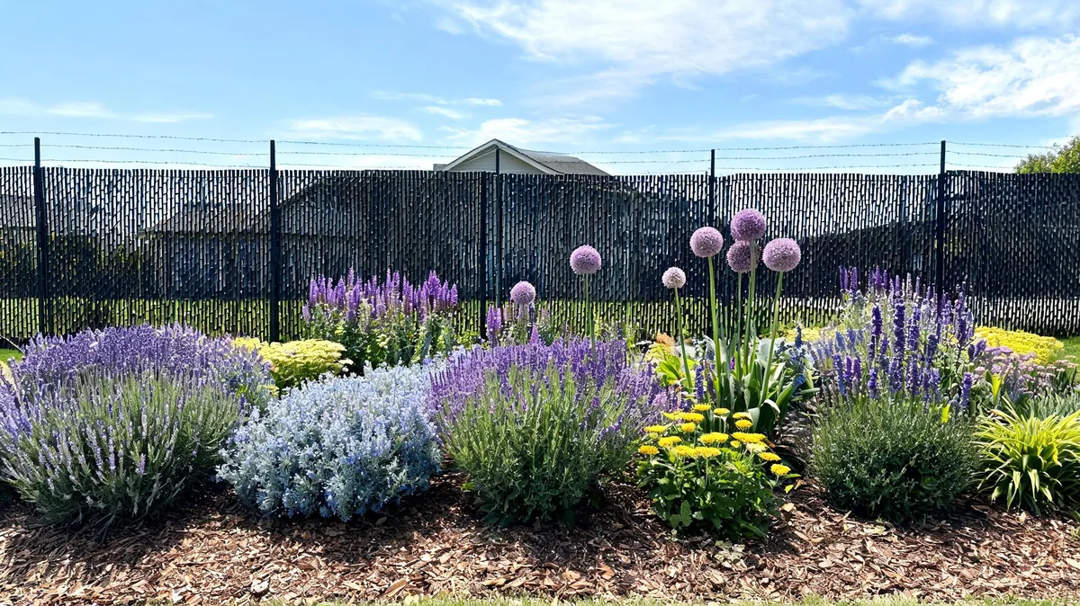 Deer-resistant garden bed planted with lavender, catmint, salvia, alliums, and yarrow in mass plantings