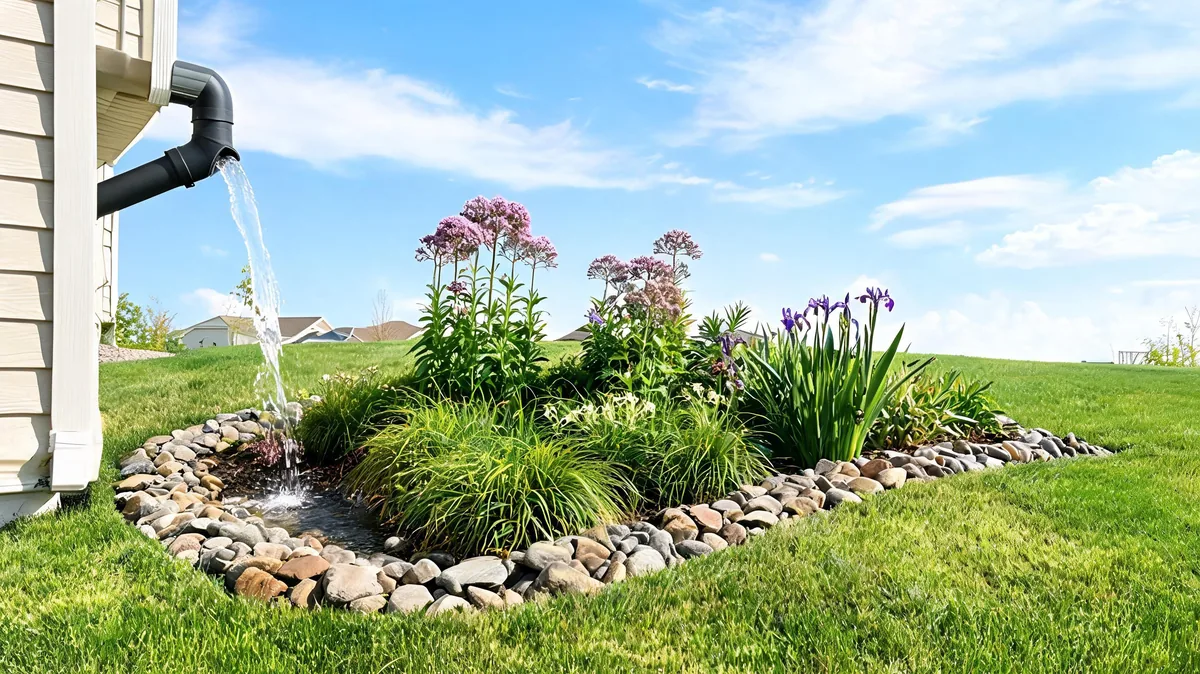 Newly installed residential rain garden with downspout extension feeding a rock-lined depression planted with iris and joe pye weed