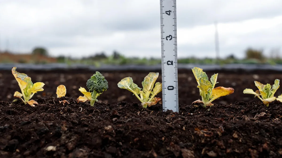 Stunted vegetable seedlings in a garden row showing small yellowed cabbage and broccoli with poor growth and discolored leaves