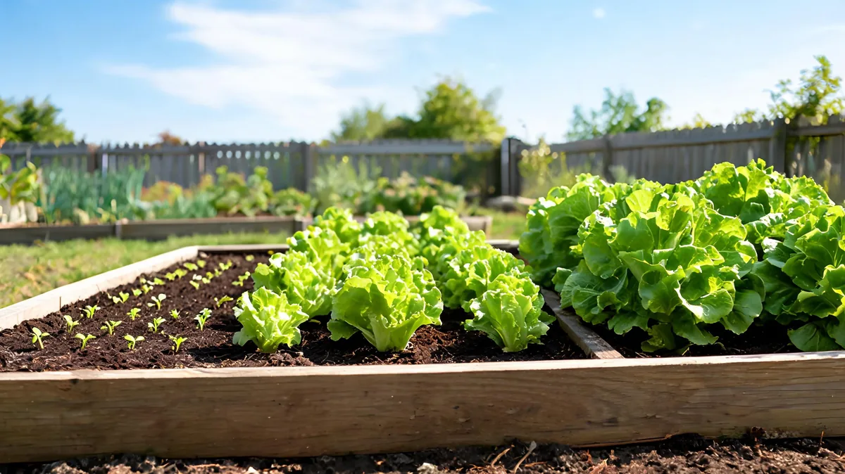 Vegetable garden bed with three stages of lettuce growth: tiny seedlings, mid-size heads, and harvest-ready heads in the same bed