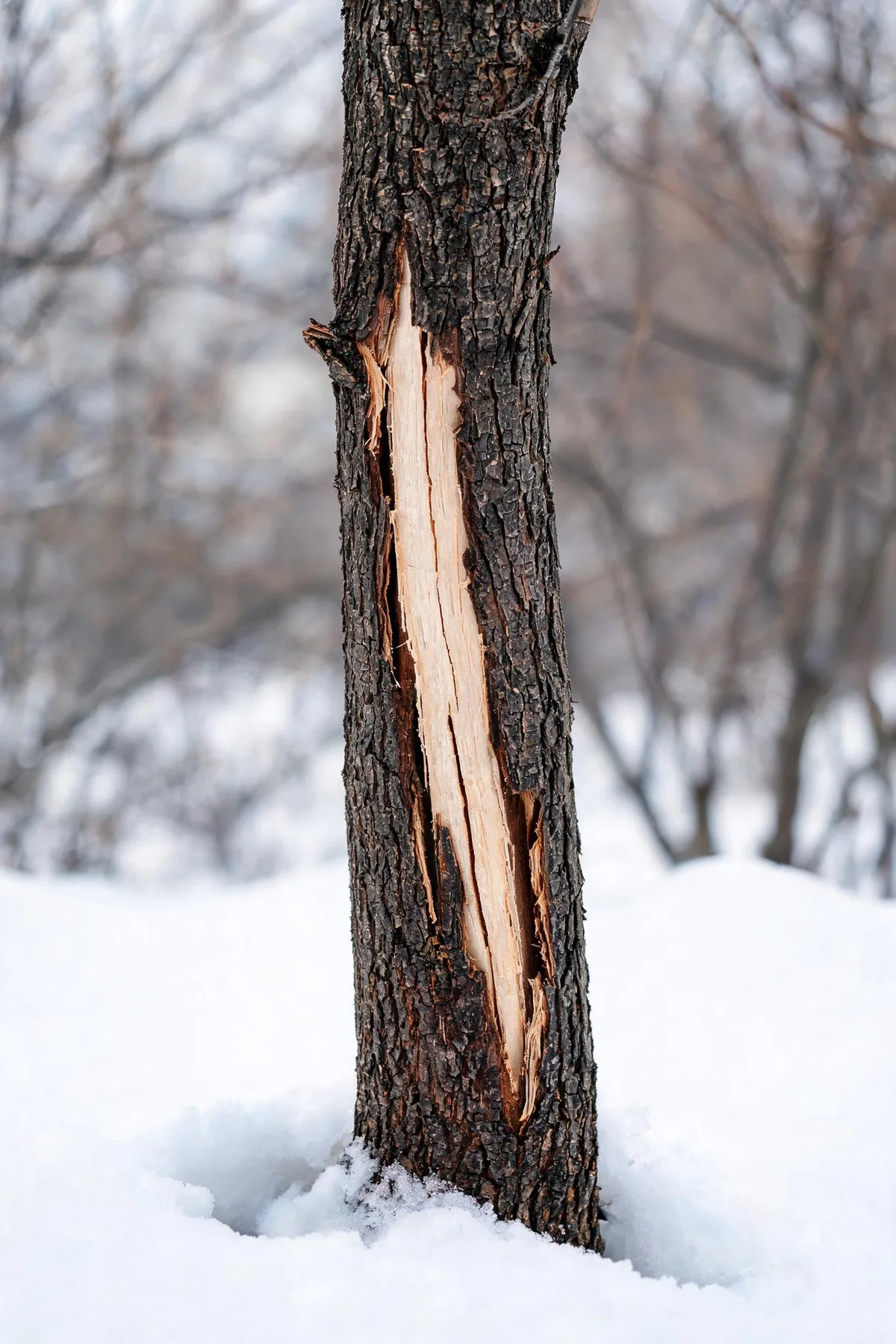 Young tree trunk with classic sunscald winter bark damage showing a vertical cracked split section on the south-southwest side