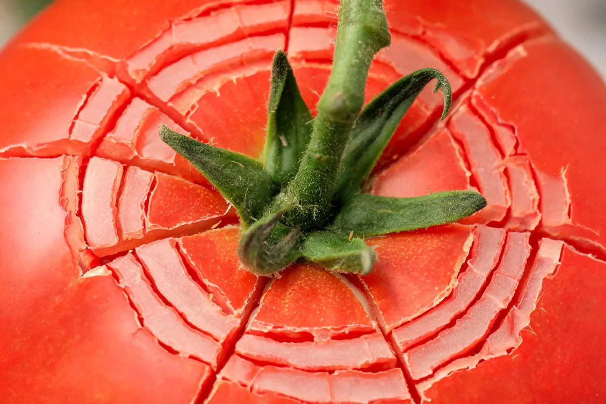 Ripe red tomato on the vine with classic radial cracking, multiple concentric and radial splits around the stem end