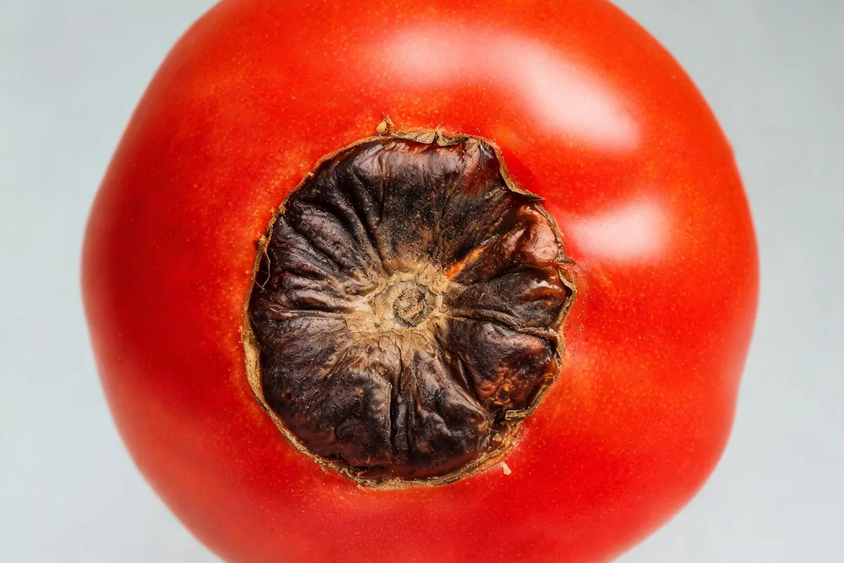 Tomato with blossom-end rot showing a large dark brown sunken leathery patch on the bottom of the fruit