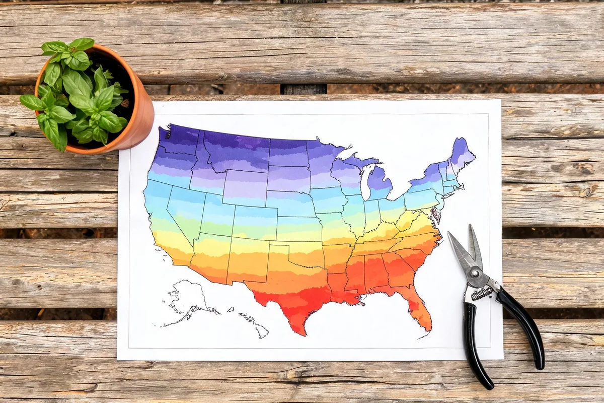 USDA hardiness zone map of the United States with color-coded zone bands on a wooden surface beside pruners and a potted plant