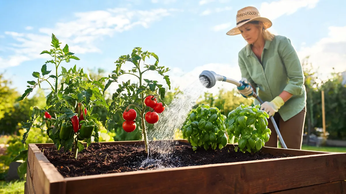 Gardener using a watering wand to deep-water the base of tomatoes, peppers, and basil in a raised bed