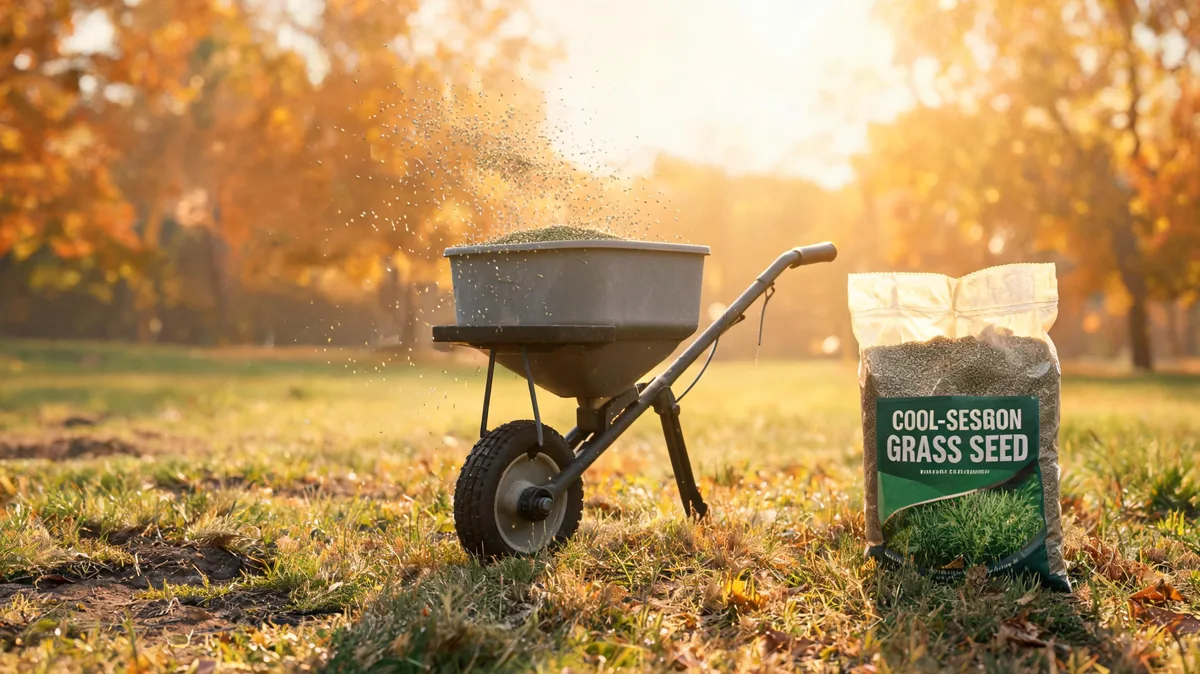 Grass seed broadcasting from a hand-crank spreader across a thin patchy fall lawn with a bag of cool-season grass seed at golden hour