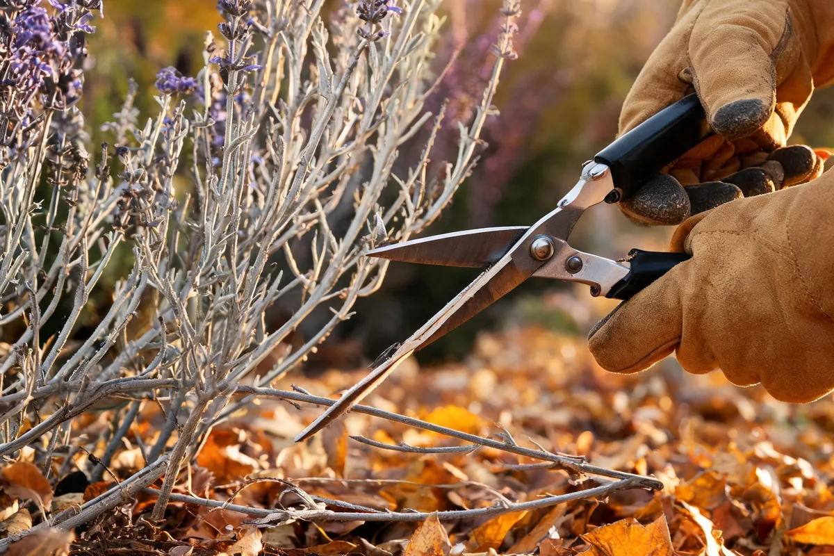 Gardener using bypass pruners to cut back spent salvia stems in late fall on a leaf-mulched perennial bed