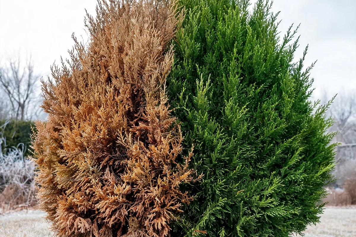 Arborvitae evergreen shrub with winter burn damage showing brown desiccated foliage on the windward side and green protected side